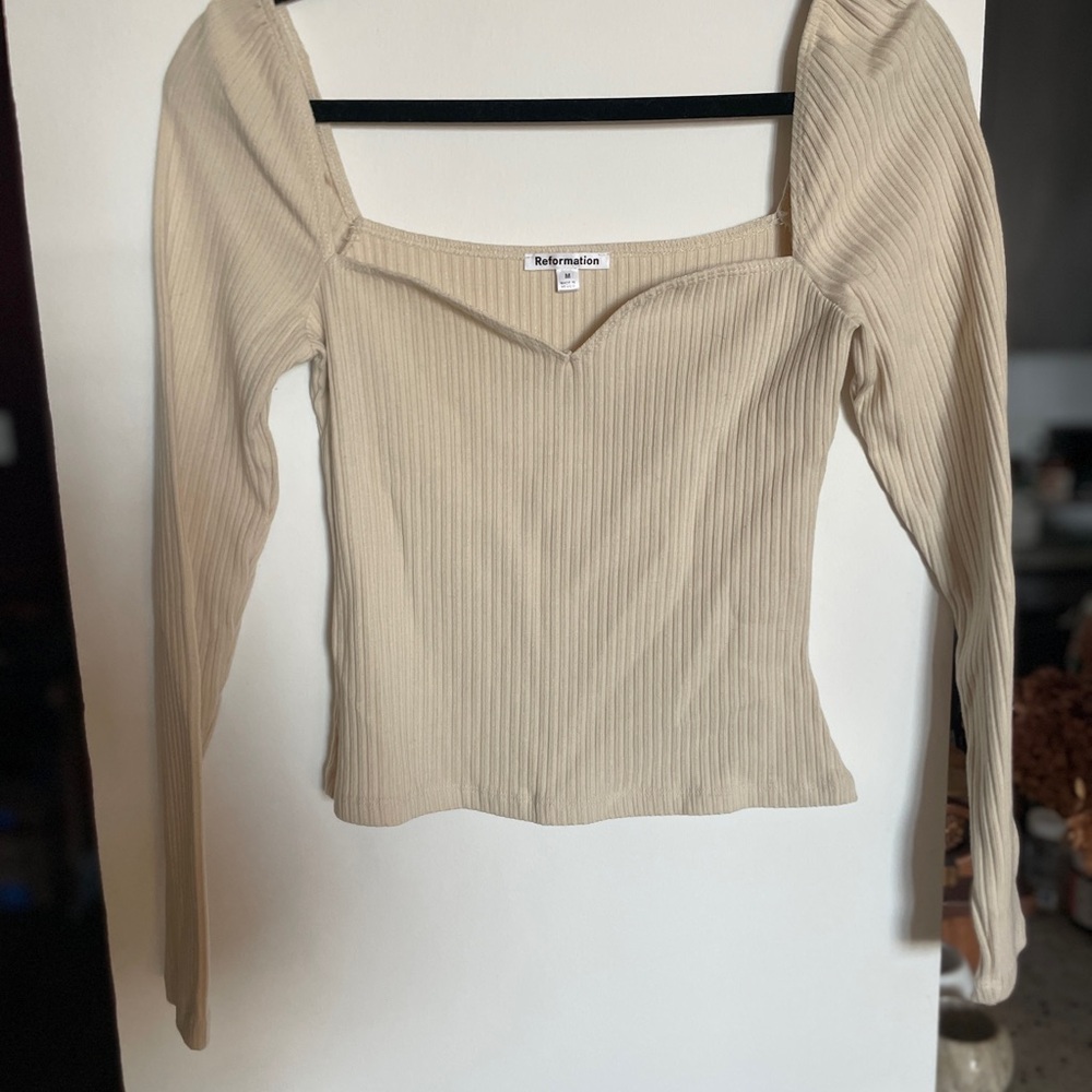 Reformation Beige Ribbed Square Neck Blouse